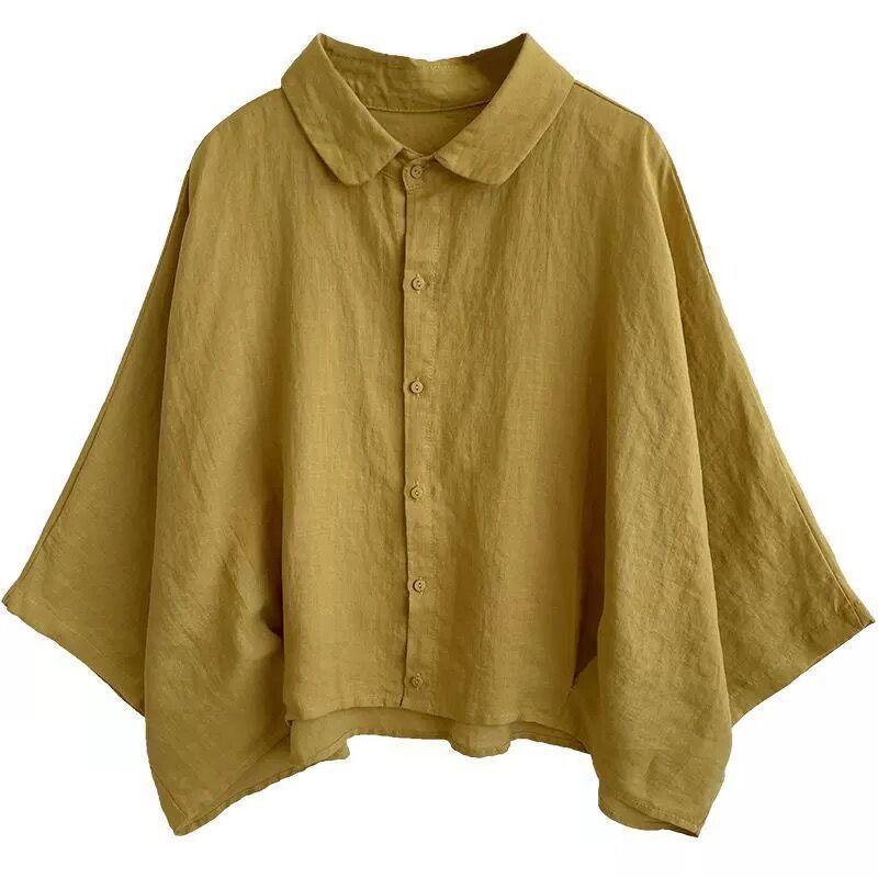Рубашка из хлопка и льна, женская летняя рубашка в стиле ретро, свободная, утягивающая, с рукавами пять четвертей, тонкий верх, блузки и рубашки