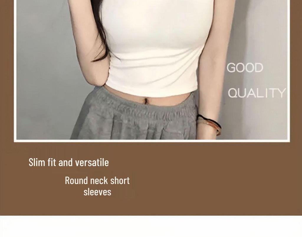 Женский укороченный топ из хлопка облегающего кроя с U-образным вырезом - Весенне-летняя футболка с коротким рукавом