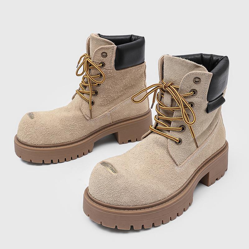 Big Head Men'S Boots Couple Versatile Outdoor Big Yellow Boots British Style Thick-Soled Medium Tube Casual Height Increasing Flipping Martin Boots