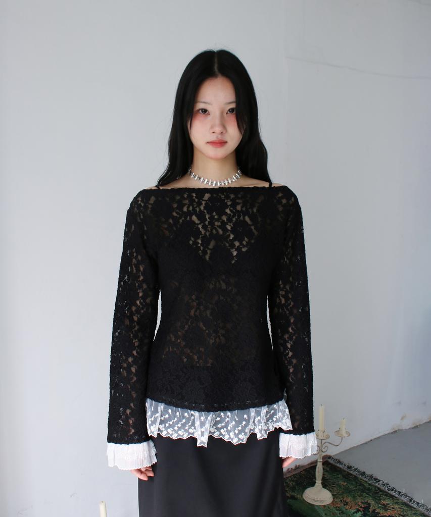 RUBATI Sofia Boat Neck Frill Lace Long Sleeve T-Shirt_Black