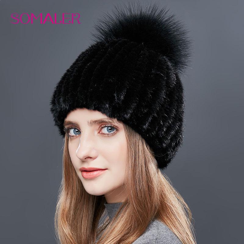 SOMALER Real Mink Fur Hat Female High Quality Thick Warm Winter Hats For Women Fashion Luxury Fur Pompom Beanies