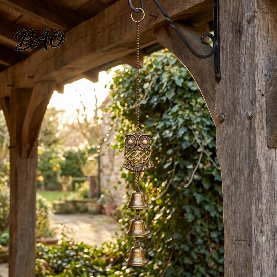 Metal Garden Bell Decor Vintage Owl Wind Chime with 3 Bells, Hollow Hanging Ornament, Rustic Bronze Door Chimes Retro Pendant for Patio Balcony