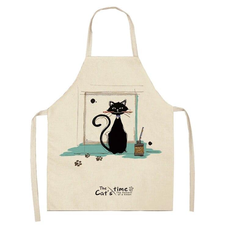Home Kitchen Black and White Cat Letter Apron Women's Linen Cleaning Tool Apron Home Cooking Waist Baking Apron