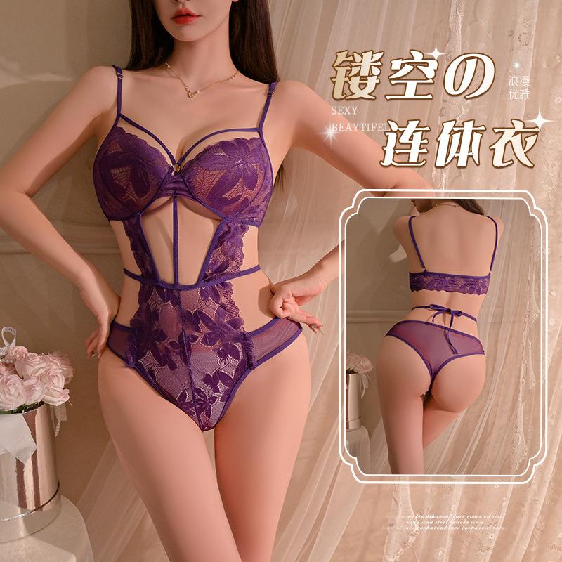 Hollow and thin sexy underwear sexy onesie temptation strap perspective lace free purple