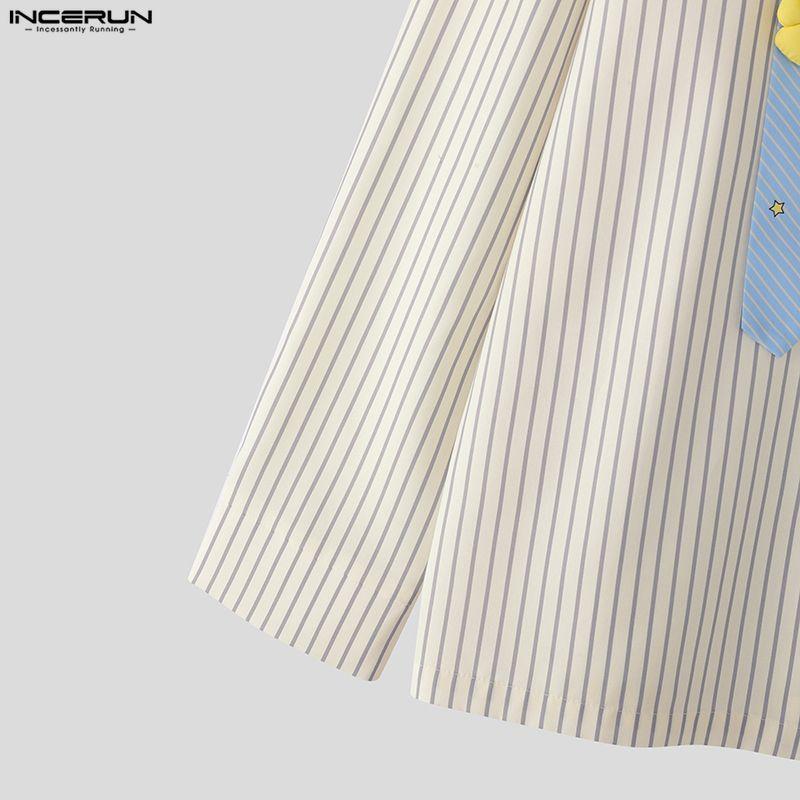 INCERUN Мужские рубашки оверсайз с лацканами, длинными рукавами, полосатые, с 3D цветами, повседневные, свободного кроя