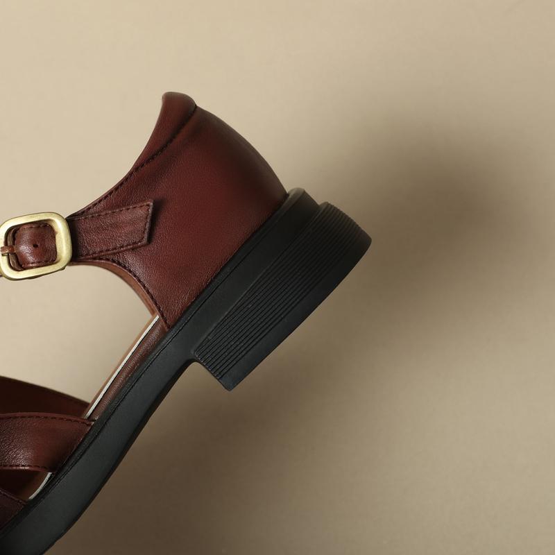 Модные женские сандалии Kaky с круглым носком из коровьей кожи, на среднем каблуке, большие размеры, римские сандалии, туфли-баотоу