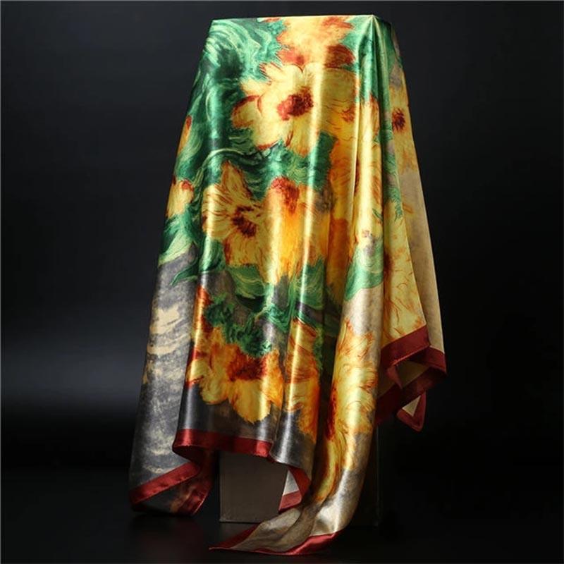 90*90cm Square Silk Scarf Women Shawl Print Satin Hijab Female Luxury Brand Square Lady Muffler Coverchief Bandanna Pareo Girl
