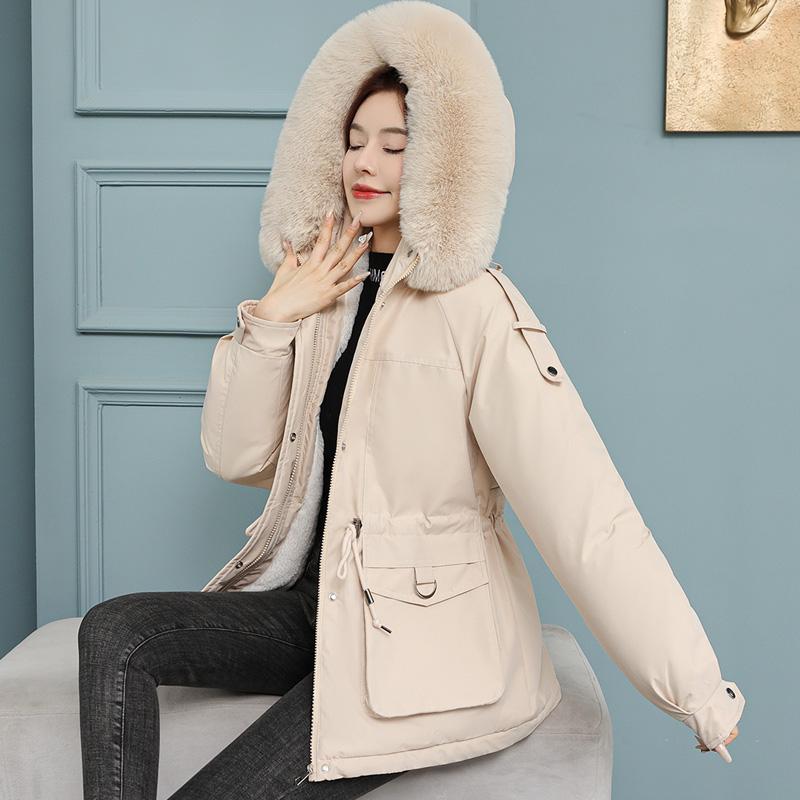 Женская осенне-зимняя однотонная теплая куртка с длинным рукавом и меховым воротником, карманное пальто