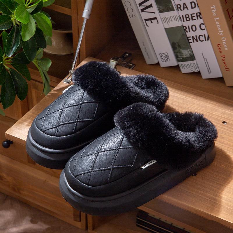 PU Waterproof Cotton Slippers for Women, Autumn and Winter New Thick-Soled Waterproof Fleece-Lined Warm Home and Outdoor Wear Slippers for Men