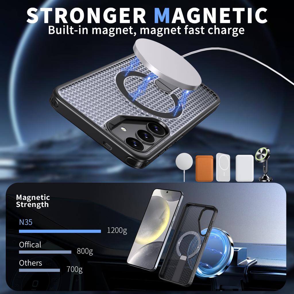 For Samsung Galaxy S25 Magnetic Case Kickstand Grid Texture TPU PC Phone Back Cover