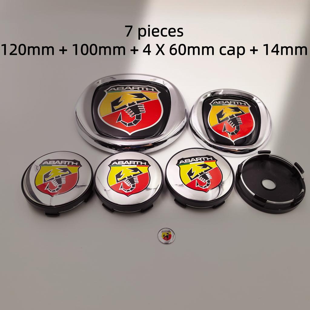7pcs fiat Abarth Car Hood Front Bonnet Grill Rear Trunk Emblem Logo Badge 85/95/100/120mm Car Wheel Center Caps Hubcap Cover