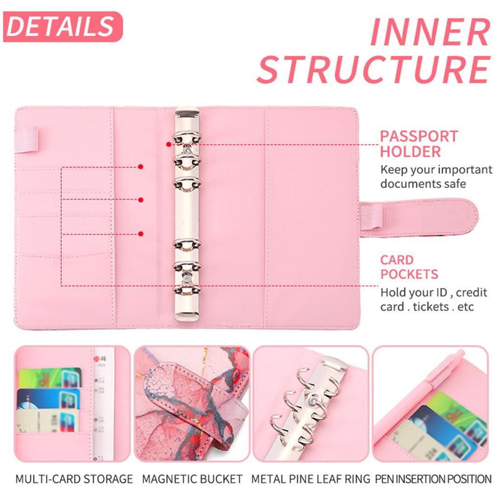 A6 Budget Binder with Marble Pattern PU Leather Notebook Cover Zipper Envelopes Lable Stickers Ruler Used as Money Organizer System Bill Money Card S