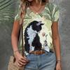 Женская одежда Футболка Летняя дышащая футболка с V-образным вырезом и коротким рукавом с принтом 3D-кота Повседневная свободная одежда Женская футболка
