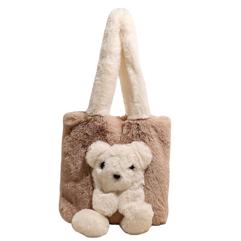 Autumn New Plush Handbag Cute Bear Women's Shoulder Bag High Value Fashionable Plush Simple Bag