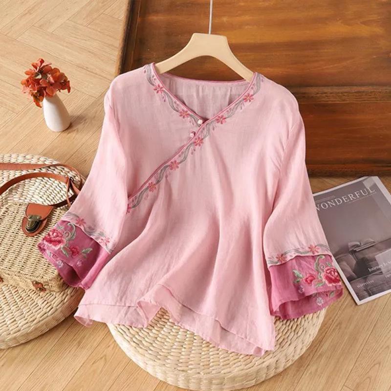 Women's Ethnic Retro Cotton Linen Embroidered Short Sleeve Top with Frog Button
