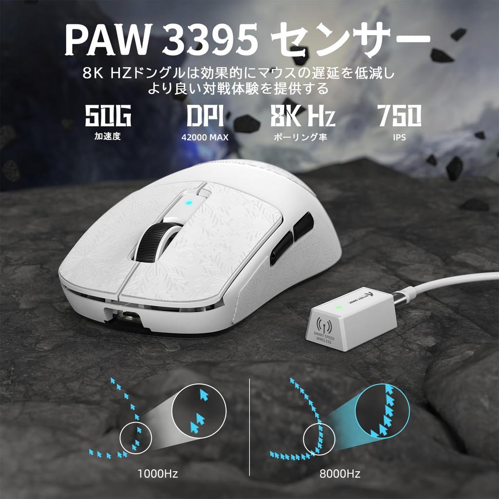 Игровая мышь ATTACK R6 подключение 8000 Гц сенсор PAW3950MAX чип Nordic52840 Оснащена эргономичным 8K ресивером Поставляется с наклейкой с японским