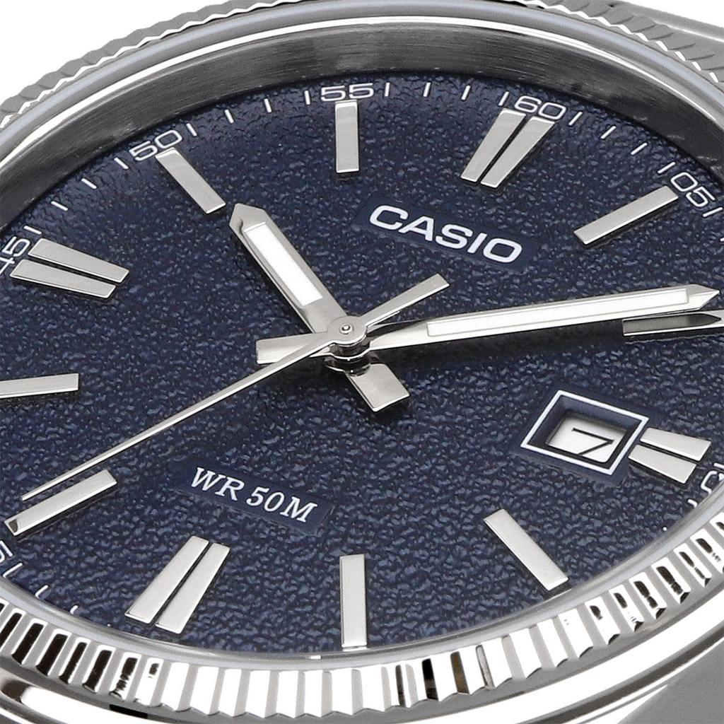 CASIO Analog Metal Navy Textured Finish Watch, Quartz, Band, Silver, Dial, MTP-1302DA-2A1V [ d]
