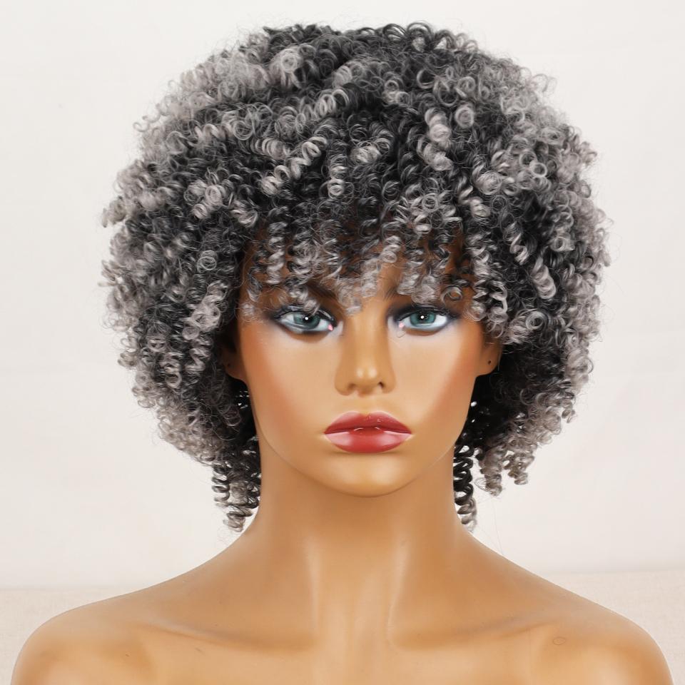 LISI HAIR Афро-женский короткий кудрявый серый парик с челкой из синтетического волокна, черный, серый, коричневый цвет, короткий вьющийся парик
