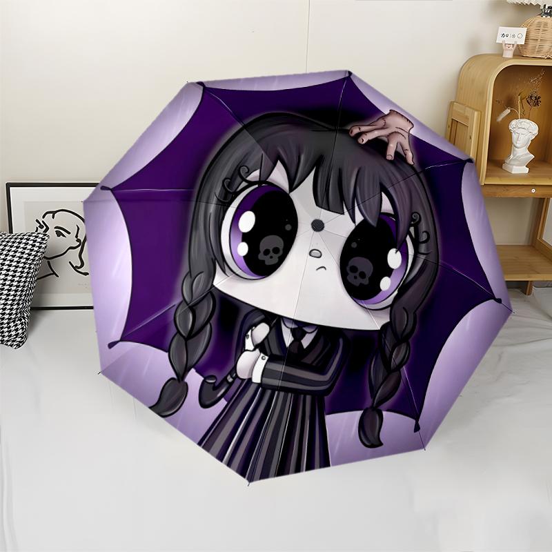 Wednesday Addams Print Automatic Umbrella, 8 Rib Iron Frame, Plastic Handle, Suitable for Outdoor Travel &Daily , Ideal Gift