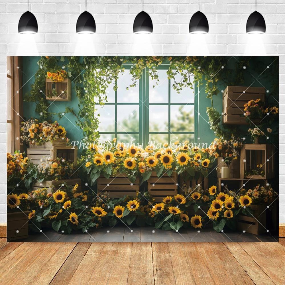 Spring Autumn Sunflower Flower Photography Background Window Sunshine Green Leaves Baby Birthday Kids Portrait Photo Backdrop