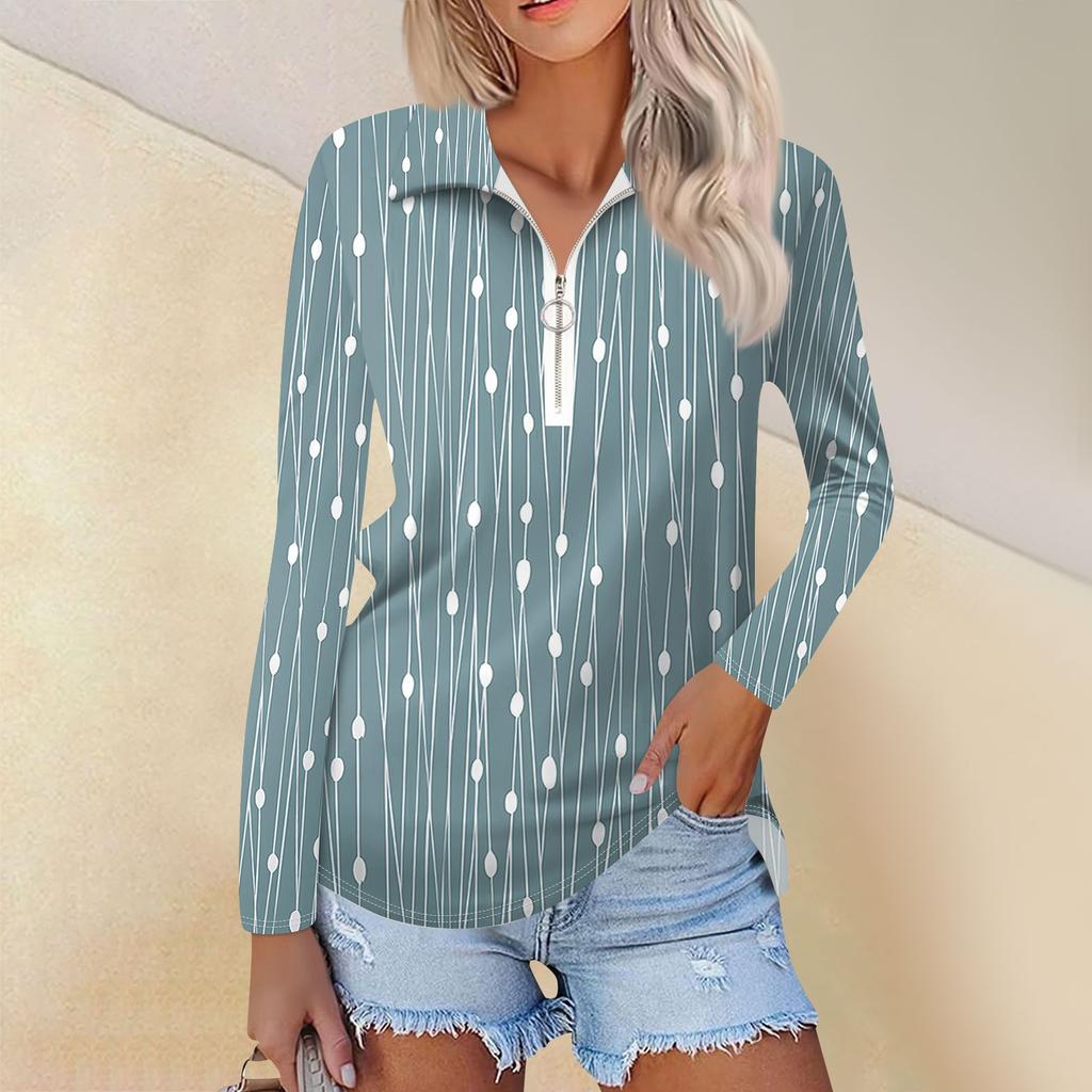 Женская весенняя и модная повседневная рубашка с принтом на молнии с V-образным вырезом и длинным рукавом