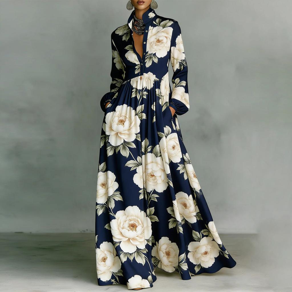 Women's Fashionable Stand Up Collar Long Sleeved Floral Print Waist Slimming Retro Casual Vacation Dress