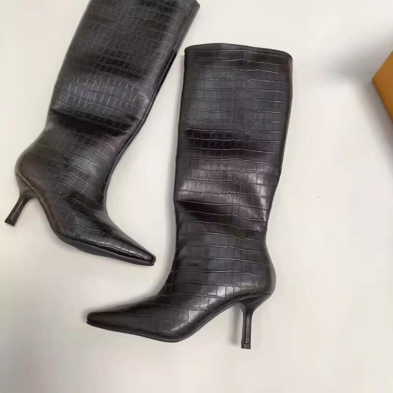 2025 новые Mona с квадратным носком, на высоком каблуке, белые рыцарские сапоги, с тиснением под крокодила, высокие, до колена, европейские и американские, но сапоги до колена
