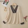 Women Casual Patchwork V-Neck Long Sleeve Blouse