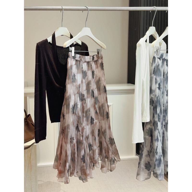 Temperament tie-dye ink printing mesh skirt women's thin summer new irregular hem long skirt