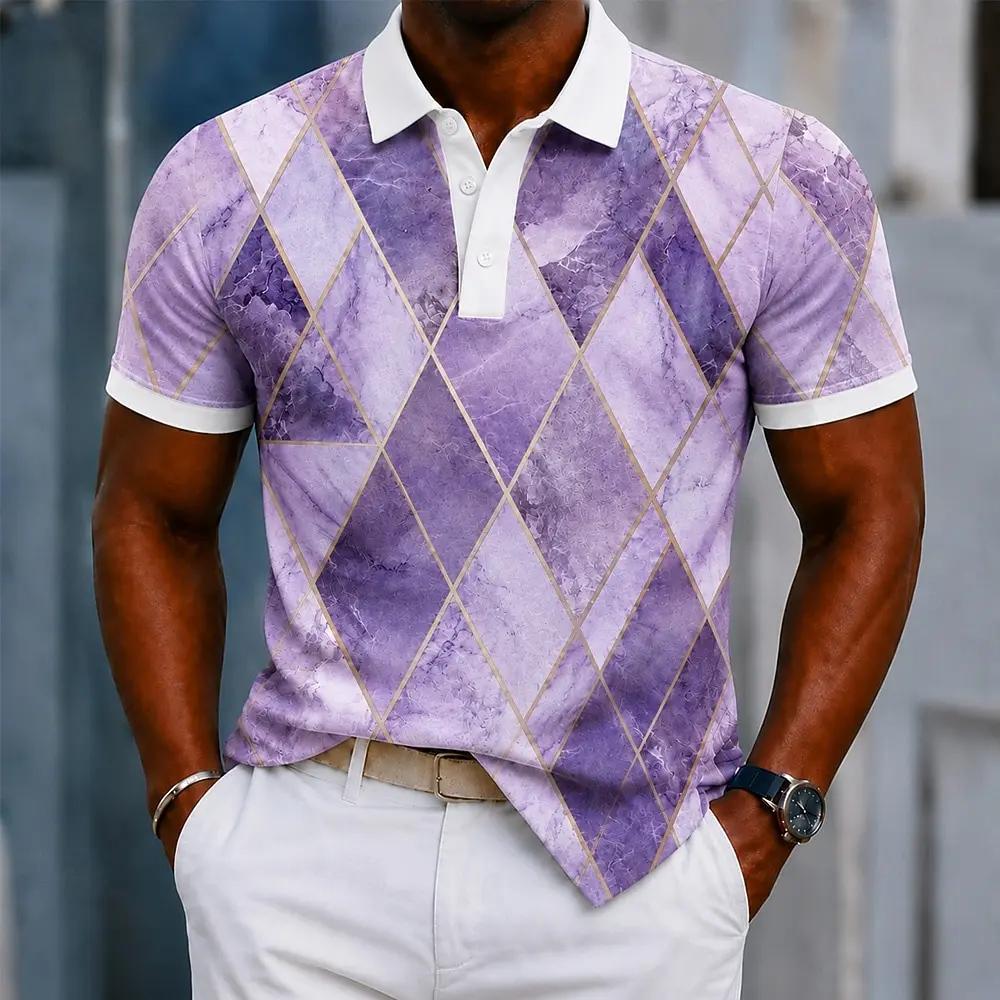 Stylish Marble Argyle Pattern Short Sleeve Polo Shirt, Perfect for Daily Wear.