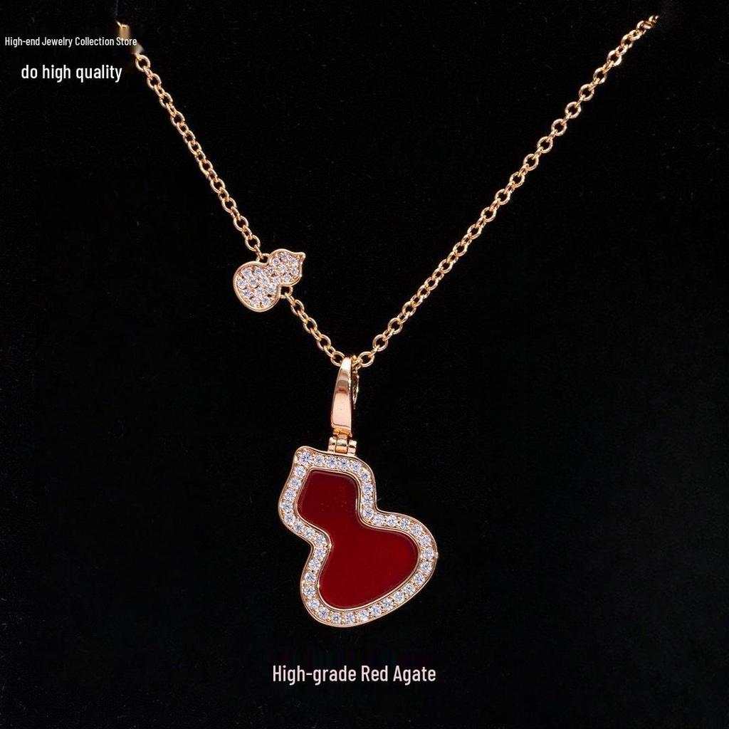 Elegant Women's 18K Rose Gold Gourd Necklace with Red Agate, Natural Jade, and Diamond Pendant.