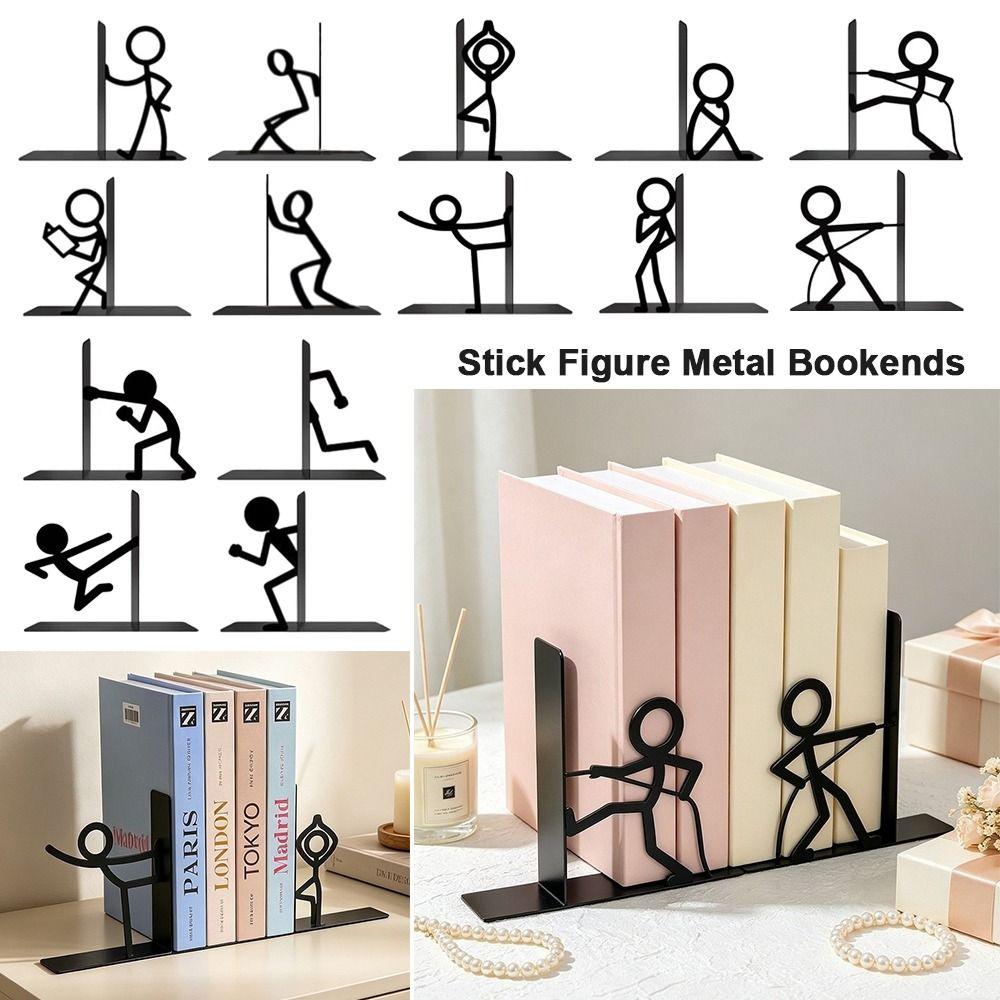 1Pair Stick Figure Metal Bookends Iron Art Desktop Decorative Bookend  School Office Supplies