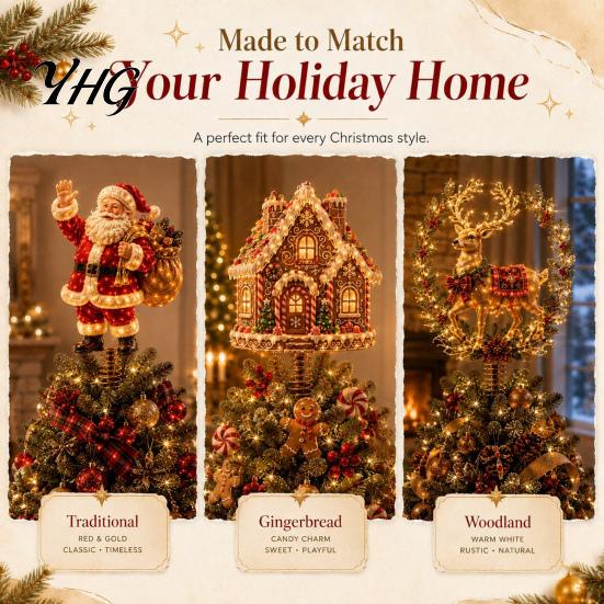 Decorative Geometric Tree Crown Lighted Christmas Topper, Illuminated Santa Claus Gingerbread Nutcracker Treetop Light Up Holiday Topper Ornament with