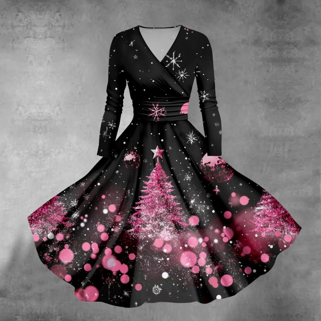Женское облегающее платье свободного кроя с принтом рождественской елки и снежинок, V-образным вырезом и длинными рукавами