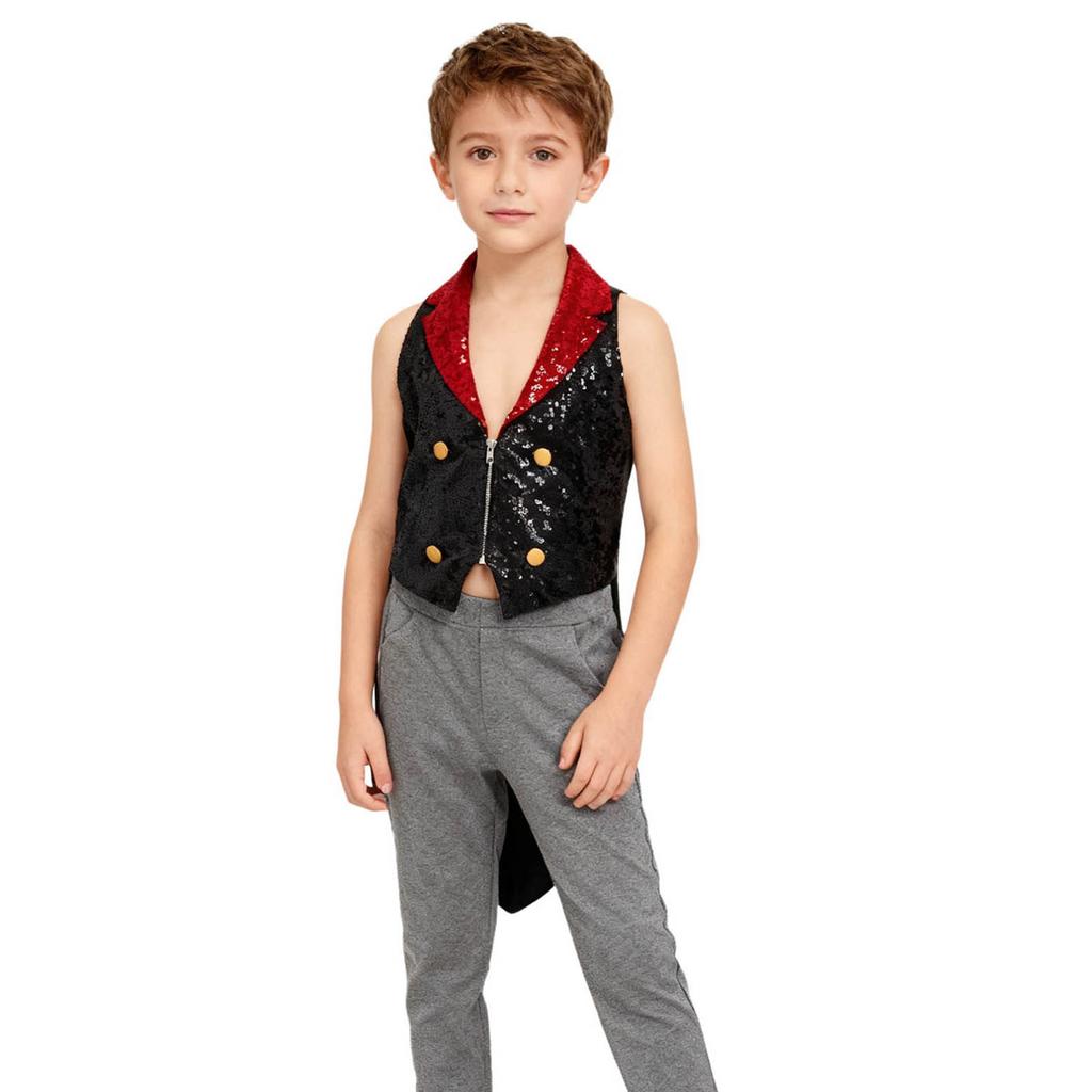 Boys Sparkly Sequins Medieval Vest Front Zip Victorian Waistcoat Circus Tailcoat Halloween Costume