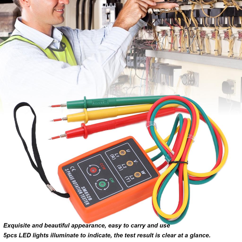 SM852B Тестер чередования фаз 3-фазный Цифровой индикатор фаз Детектор Светодиодный зуммер Измеритель последовательности фаз Тестер напряжения 60В~600В AC