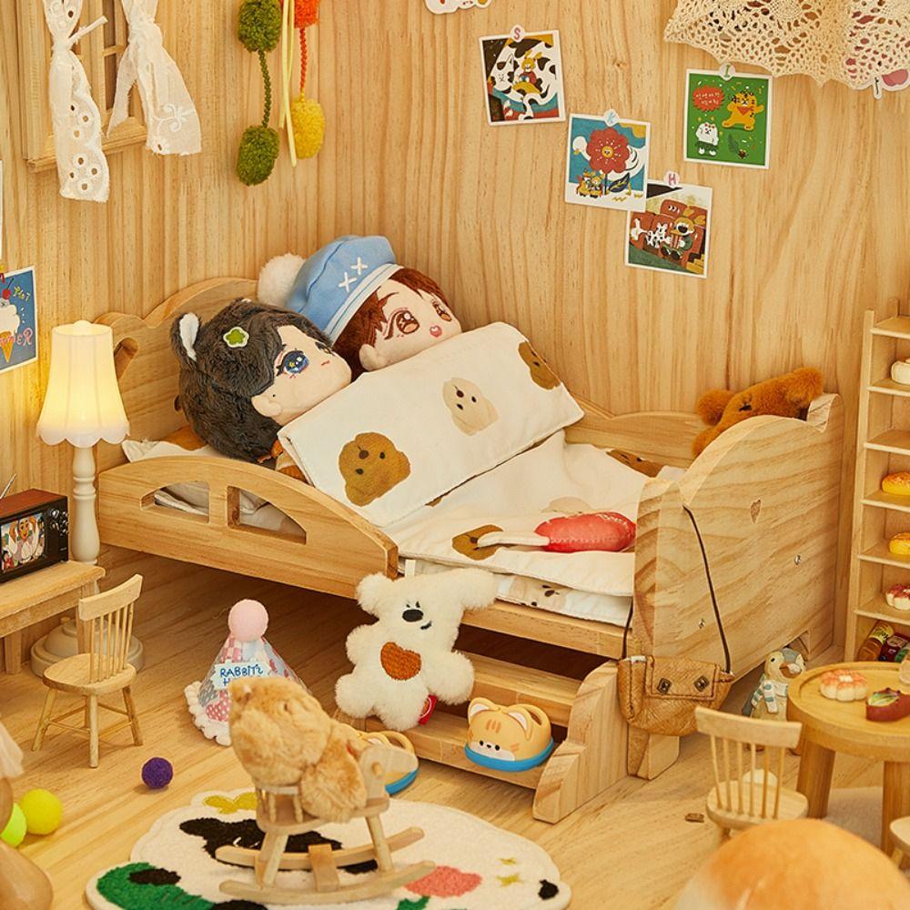 С лестницей Кукольная миниатюрная кровать Свинья Кролик Кукольный домик Игрушечная кровать Изысканная деревянная мини-кровать BJD куклы
