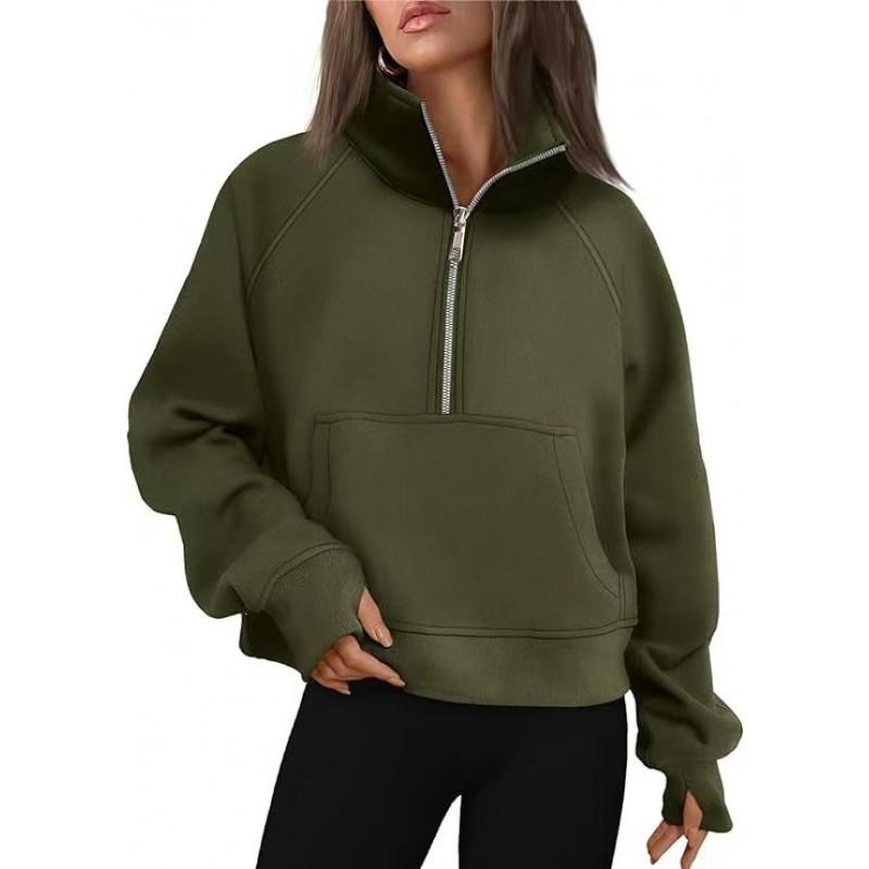Womens Oversized Hooded Fleece Pullover Sweater With Raglan Sleeves Stand Collar Half Zip Streetwear