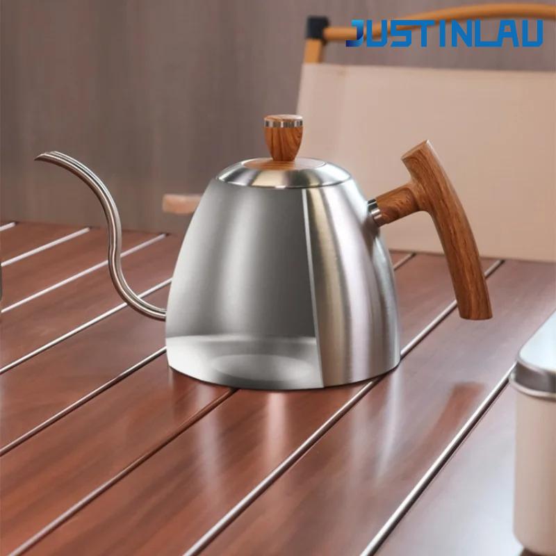 JUSTINLAU 600/1500 мл Кофейник для ручного заваривания 304 Нержавеющая сталь Утиный клюв Тонкое горлышко Деревянная ручка Кофейные принадлежности