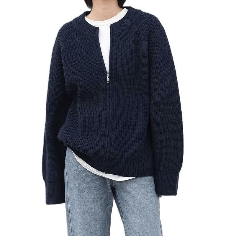 Unisex Navy Blue Jacket-Style Knit Cardigan - Japanese Niche, Autumn/Winter, Loose Fit, Round Neck Sweater Coat
