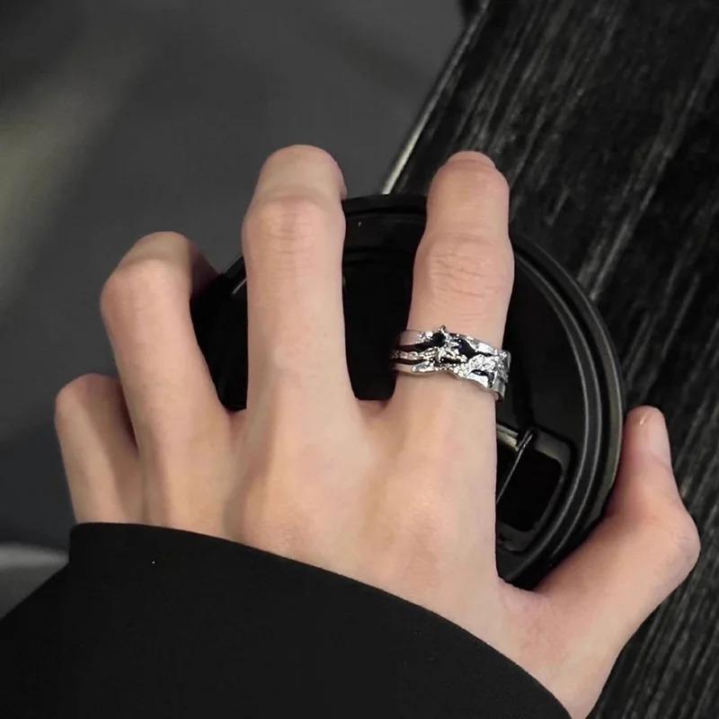 Neo-Gothic Punk Stars Rings for Women Irregular Zircon Ring Man Simple Hollow Design Open Ring Fashion Jewelry Party Gift Vintage Adjustable Rock Ring