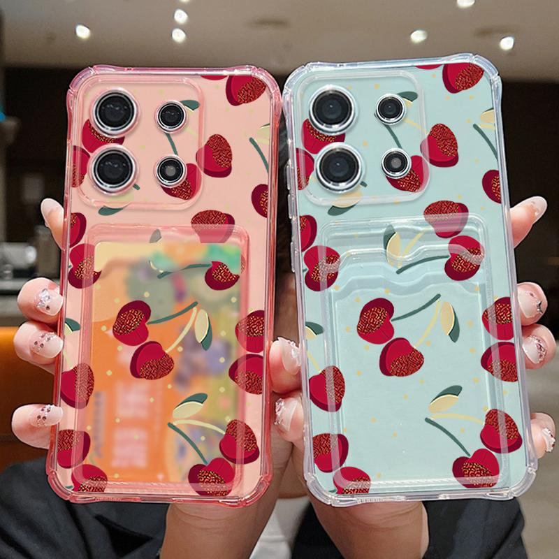 Мягкий силиконовый чехол с вишневым узором и слотом для карт для Xiaomi 14T 13T Pro Poco F6 X6 Pro C65 Redmi Note 13 12 Pro 11 тонкий противоударный прозрачный чехол для телефона