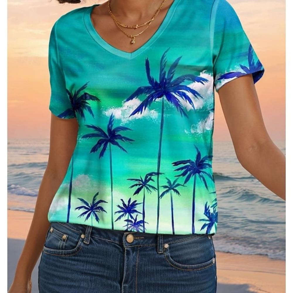 Summer Women Short Sleeve V-Neck Oversized T Shirt For Women Fashion Ladies T-Shirt 3d Flower Print Top Casual Clothes