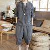Men's Chinese-Style Linen T-Shirt Suit: Retro Tang, Zen, and Hanfu-Influenced Summer Cotton Clothing