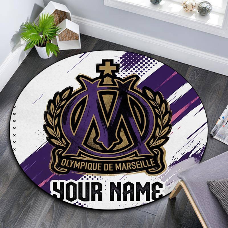 Custom Name Olympique de Marseille Round Area Rug,Carpet Rug for Living Room Bedroom Sofa Playroom Decor,Non-slip Floor Mat