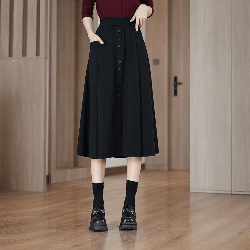 Женская миди-юбка на резинке - Весенне-осенний стиль, повседневный приталенный крой с карманами