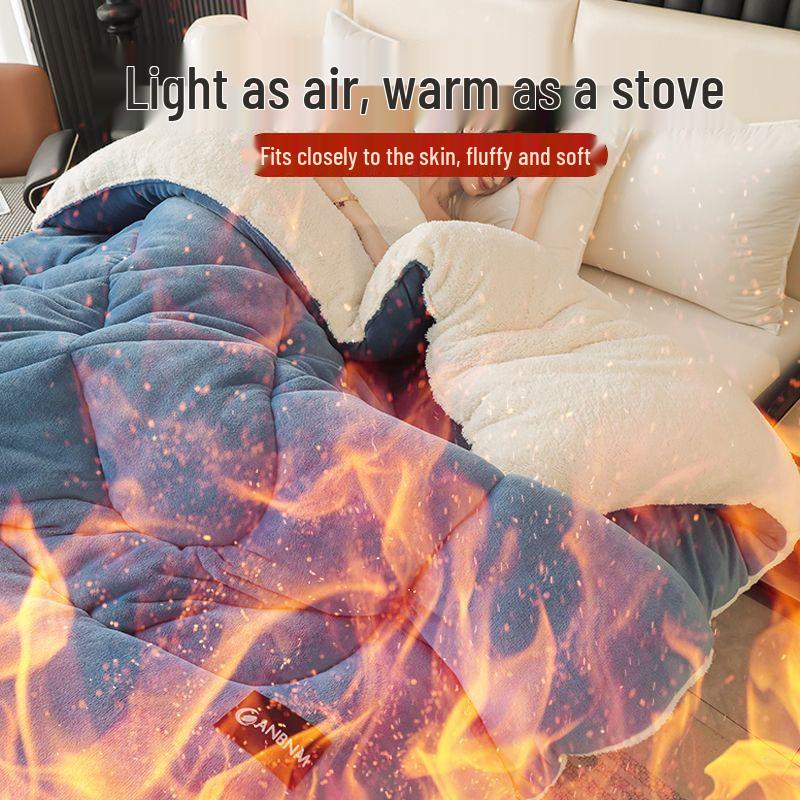 Теплый зимний стеганый одеяло из шерсти ягненка и набор с плюшевым пододеяльником - Уютное флисовое одеяло для общежитий и одиночных комнат