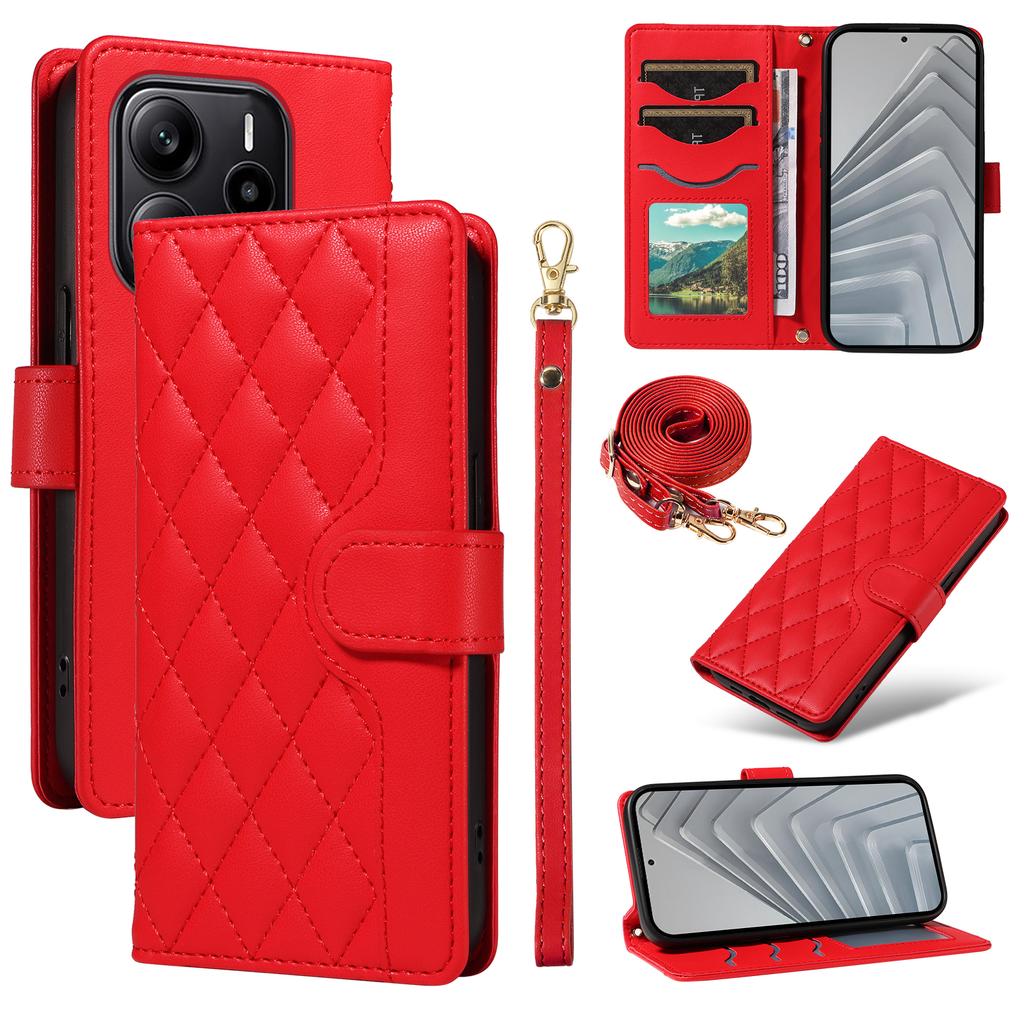 For Xiaomi Redmi Note 14 4G (164.84x78.15x8.16mm) Wallet Case Rhombus Leather Phone Cover with Strap