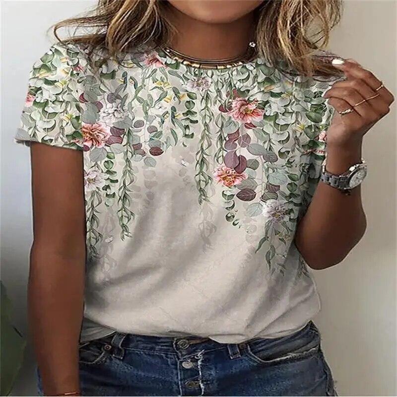 Лето 2024, новый женский топ с короткими рукавами, модный пуловер Y2K, повседневная красочная футболка с цветочным 3D круглым вырезом и круглым вырезом, 2024 г.