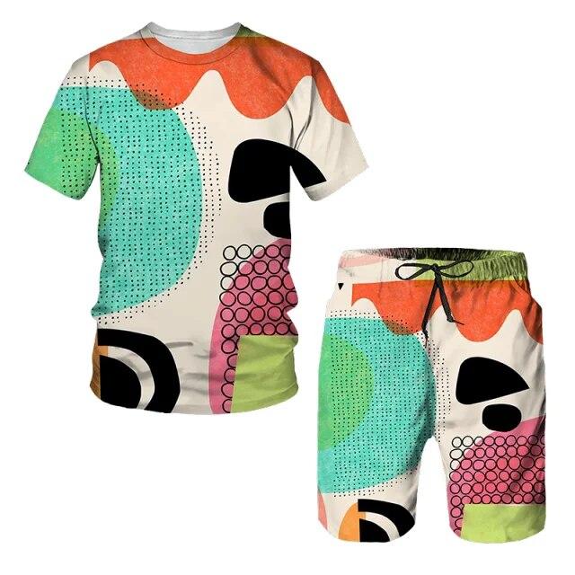 Мужской спортивный комплект, состоящий из 2 предметов, пляжный повседневный спортивный костюм с короткими рукавами и принтом, футболки с абстрактным узором, шорты с эластичной резинкой на талии, брюки, комплекты спортивных костюмов